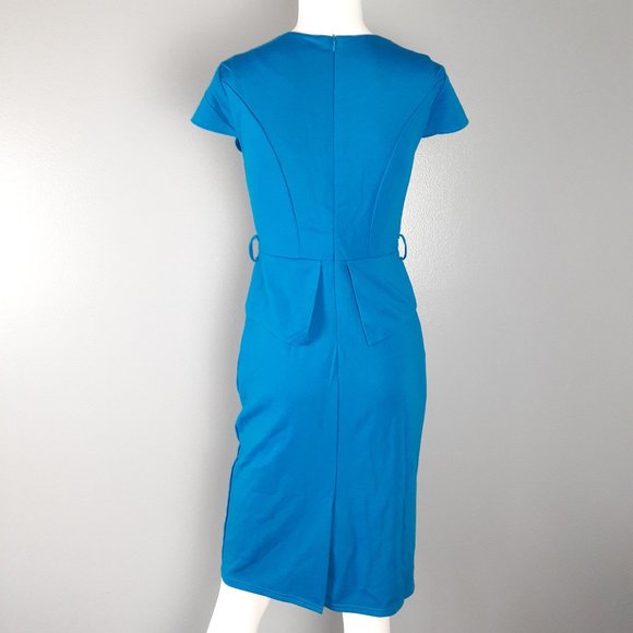 WIIPU Peplum Sheath Dress Women's Size L Blue V-Neck Cap Sleeve Back Zip NWT - Picture 4 of 6